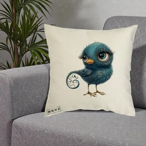 Perna Decorativa Pasare Teal cu Motive Aurii si Coada Spiralata, 40x40 cm, Ecru, Husa Detasabila, Perna Inclusa, BEKZ®