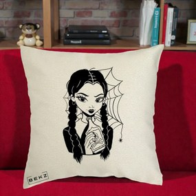 Perna Personalizata Wednesday cu Panza de Paianjen, 40x40 cm, Ecru, Husa Detasabila, Perna Inclusa, BEKZ®