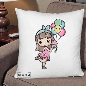 Perna Decorativa Fetita Kawaii cu Baloane si Cupcake, 40x40 cm, Alb Pufos, Husa Detasabila, Perna Inclusa, BEKZ®