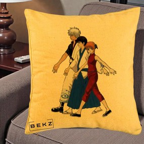 Perna Personalizata Gintama Trio Gintoki Shinpachi Kagura, 40x40 cm, Galben, Husa Detasabila, Perna Inclusa, BEKZ®