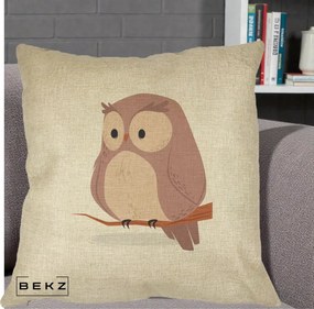Perna Decorativa Bufnita Kawaii pe Creanga, 40x40 cm, Crem, Husa Detasabila, Perna Inclusa, BEKZ®