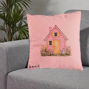 Perna Decorativa Casuta Roz Acuarela cu Gradina, 40x40 cm, Roz, Husa Detasabila, Perna Inclusa, BEKZ®