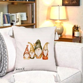 Perna Decorativa Gnomi de Craciun Patru, 40x40 cm, Bej cu Franjuri, Husa Detasabila, Perna Inclusa, BEKZ®