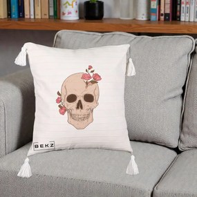 Perna Decorativa Craniu Floral Gothic, 40x40 cm, Bej cu Franjuri, Husa Detasabila, Perna Inclusa, BEKZ®