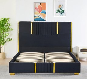 Pat Tapitat din Catifea Negru cu Somiera si Saltea ,   160x200 cm, Cod LB-215