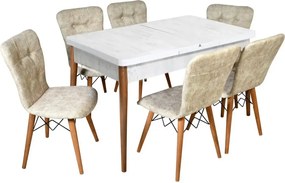 Set masa extensibila cu 4 scaune tapitate Homs cristal alb-bej 110 x 70 cm