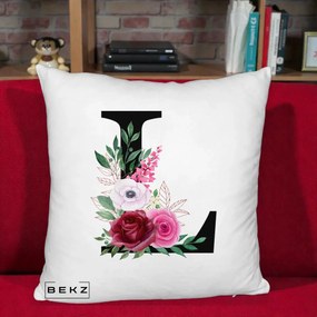 Cadou Personalizat - Perna Personalizata Monograma Florala Litera L, 40x40 cm, Alb Pufos, Husa Detasabila, Perna Inclusa, BEKZ®