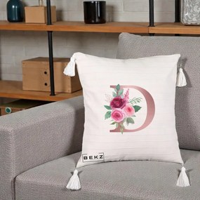 Cadou Personalizat - Perna Personalizata Monograma Rose Gold Litera D, 40x40 cm, Bej cu Franjuri, Husa Detasabila, Perna Inclusa, BEKZ®