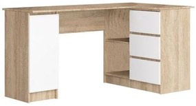 Birou calculator pe colt, placa laminata, 3 sertare, 4 rafturi, stejar si alb, 155x85x77 cm