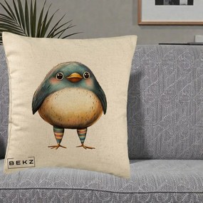 Perna Decorativa Pasare Teal-Bej cu Sosete Curcubeu, 40x40 cm, Bej, Husa Detasabila, Perna Inclusa, BEKZ®
