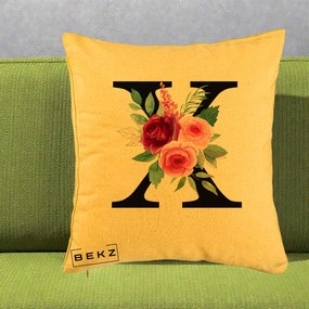 Cadou Personalizat - Perna Personalizata Monograma Florala Litera X cu Buchet, 40x40 cm, Galben, Husa Detasabila, Perna Inclusa, BEKZ®