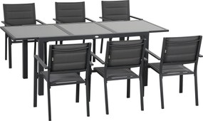 Outsunny Set de 7 Piese de Grădină din Aluminiu cu Masă Extensibilă și 6 Scaune cu Șezut din Plasă Respirabilă, 210x90x75 cm, Gri | Aosom Romania