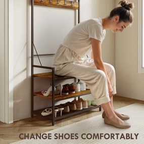 HOMCOM Suport de Haine de Intrare cu Bară, 10 Cârlige Mobile, Bancă și Raft pentru Încălțăminte, Mobilier în Pal și Metal, Design Industrial, 80x40x182 cm, Maro și Negru | Aosom Romania