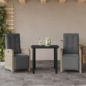vidaXL Set bistro cu perne, 3 piese, gri deschis, poliratan