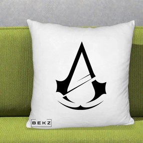 Perna Personalizata Assassin's Creed Minimalist, 40x40 cm, Alb Pufos, Husa Detasabila, Perna Inclusa, BEKZ®