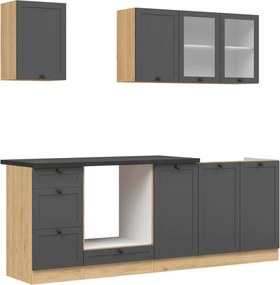 Set bucatarie JUNONA LINE, gri grafit/stejar, PAL, 220 cm, cu blat neg