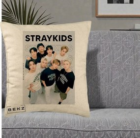 Perna Personalizata K-pop Stray Kids STRAYKIDS Alb-Negru cu Foto Grup, 40x40 cm, Bej, Husa Detasabila, Perna Inclusa, BEKZ®