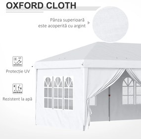 Outsunny Cort 6x3 m pliabil din otel si material Oxford, cort pentru gradina cu 6 pereti laterali, franghii si carlige, alb