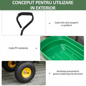 Cărucior de grădină 75L din oțel și PP cu cuvă rabatabilă și mâner de transport, 109x52x94 cm, de culoare verde închis Outsunny | Aosom Romania
