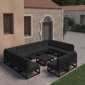 3077223 vidaXL Set mobilier grădină cu perne, 10 piese, negru, lemn masiv pin