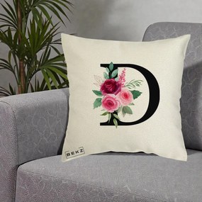 Cadou Personalizat - Perna Personalizata Monograma Florala Litera D, 40x40 cm, Ecru, Husa Detasabila, Perna Inclusa, BEKZ®