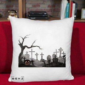 Perna Decorativa Halloween Cimitir Acuarela cu Dovleac, 40x40 cm, Alb Pufos, Husa Detasabila, Perna Inclusa, BEKZ®