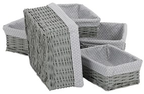 Set coșuri de răchită cu țesătură buline gri, 5 buc., 5 dimensiuni, 48 x 18 x 37 cm