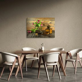 Tablou pe sticlă - lalele, râșniță și cafea (70x50 cm)