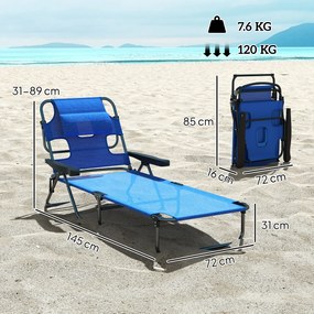 Outsunny Sezlong Plaja Pliabil cu 4 Nivele Rabatare si brațe, Greutate sustinuta 120 kg,Gri | Aosom Romania