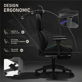LUMINA X-Motion Pro – Scaun Gaming & Office Premium cu LED RGB și Suport pentru Picioare – Confort Inteligent și Design Spectaculos, Textil, Negru/Alb