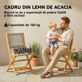 Outsunny Set de 2 Scaune de Grădină din Ratan PE, Scaune Pliabile de Exterior, Structură din Lemn de Salcâm, pentru Balcon, Terasă, Suport până la 160 kg, Gri | Aosom Romania