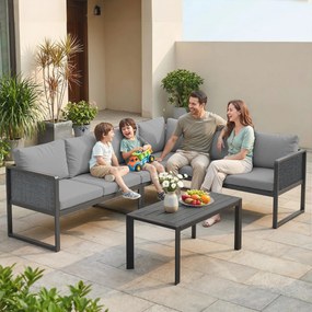 Outsunny Set canapea colțar de grădină din metal, 3 fotolii, măsuță cu efect lemn, gri închis | Aosom Romania
