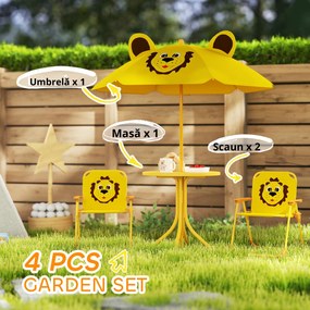 AIYAPLAY Mobilier de grădină pentru copii cu umbrelă de soare reglabilă, Set de picnic pentru copii cu 4 piese, Masă cu 2 scaune pliante, masă, Set de terasă cu model de leu pentru vârstele 2-5 ani, Galben | Aosom Romania