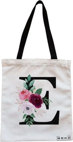 Sacosa de Panza pentru Cumparaturi, Geanta Tote, Cu litera E si Trandafiri, Cu fermoar, 38x34.5 cm, Alba, BEKZ®
