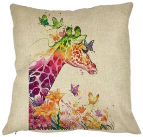 Perna Decorativa Patrata Girafa Multicolor, 40x40 cm, Husa Detasabila, Burduf