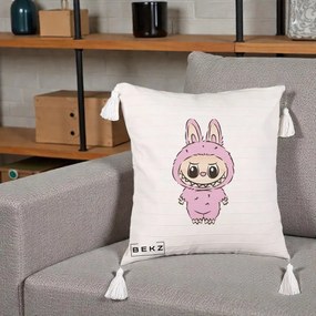 Perna Personalizata Labubu Mov Pastel, 40x40 cm, Bej cu Franjuri, Husa Detasabila, Perna Inclusa, BEKZ®