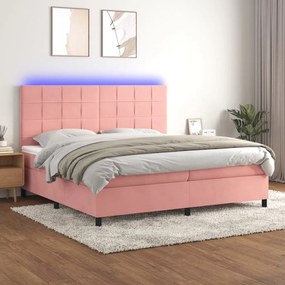 vidaXL Pat continental cu saltea &amp; LED, roz, 200x200 cm, catifea