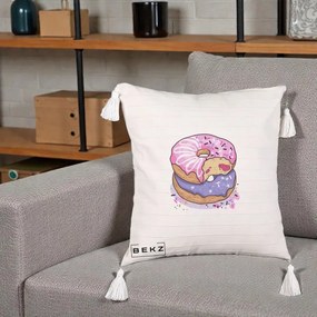 Perna Decorativa Donuts Roz si Mov, 40x40 cm, Bej cu Franjuri, Husa Detasabila, Perna Inclusa, BEKZ®