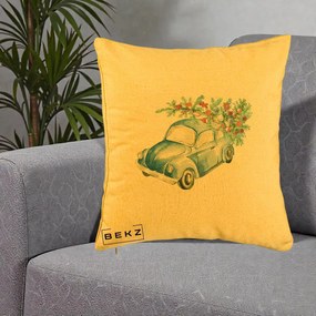 Perna Decorativa Masinuta Albastra cu Brad de Craciun, 40x40 cm, Galben, Husa Detasabila, Perna Inclusa, BEKZ®