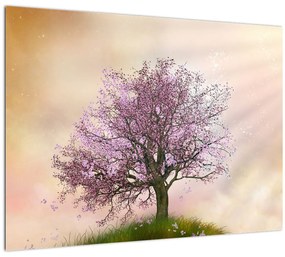Tablou pe sticlă - Copacul înflorit în deal (70x50 cm)