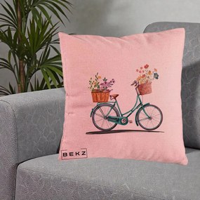 Perna Decorativa Bicicleta Florala Turcoaz Acuarela, 40x40 cm, Roz, Husa Detasabila, Perna Inclusa, BEKZ®
