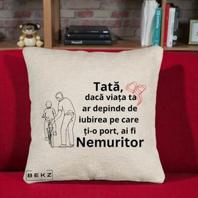 Cadou pentru Tata - Perna Personalizata Tata Nemuritor Bicicleta, 40x40 cm, Bej Canapea, Husa Detasabila, Perna Inclusa, BEKZ®
