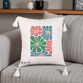 Perna Decorativa Flori Grafice Verde-Roz-Albastru, 40x40 cm, Bej cu Franjuri, Husa Detasabila, Perna Inclusa, BEKZ®