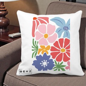 Perna Decorativa Flori Grafice Roz-Rosu-Albastru, 40x40 cm, Alba Mata, Husa Detasabila, Perna Inclusa, BEKZ®