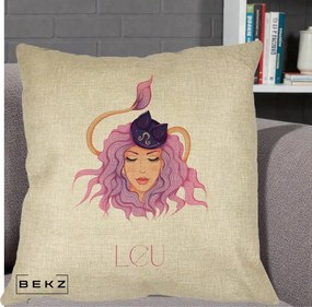 Perna Personalizata Zodie Leu, 40x40 cm, Crem, Husa Detasabila, Perna Inclusa, BEKZ®