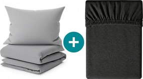 Set lenjerie de pat creponata DENYX BLEND gri, buzunar hotel + Cearsaf Jersey 90 x 200 cm gri inchis, pat single