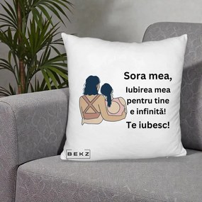 Cadou pentru Sora - Perna Personalizata Sora Mea Te Iubesc Doua Fete Fashioniste Line Art, 40x40 cm, Alb Pufos, Husa Detasabila, Perna Inclusa, BEKZ®