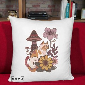 Perna Decorativa Pisica Vintage Florala Boho, 40x40 cm, Alb Pufos, Husa Detasabila, Perna Inclusa, BEKZ®