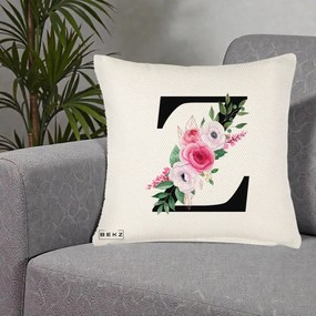 Cadou Personalizat - Perna Personalizata Monograma Florala Litera Z cu Buchet, 40x40 cm, Crem Reliefat, Husa Detasabila, Perna Inclusa, BEKZ®