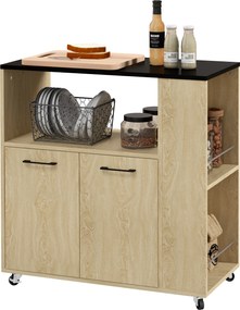 Cărucior de bucătărie din PAL cu raft deschis, dulap cu 2 uși și poliță laterală cu 2 niveluri, 75x40x80,5cm stejar și negru HOMCOM | Aosom Romania